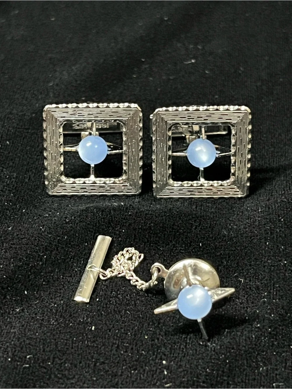 Vintage Silver Blue Moongloe Lucite Cabochon Square Cufflink and Tie Tack Set